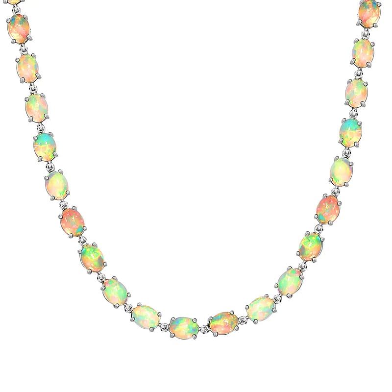 D'Joy Premium Ethiopian Welo Opal Tennis Necklace in Platinum Over Sterling Silver, Tennis Necklace 41.00 ctw (18 Inches)
