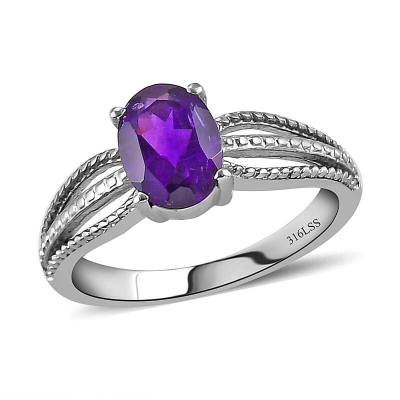 Amethyst Solitaire Ring in Stainless Steel (Size 6.0) 1.25 ctw