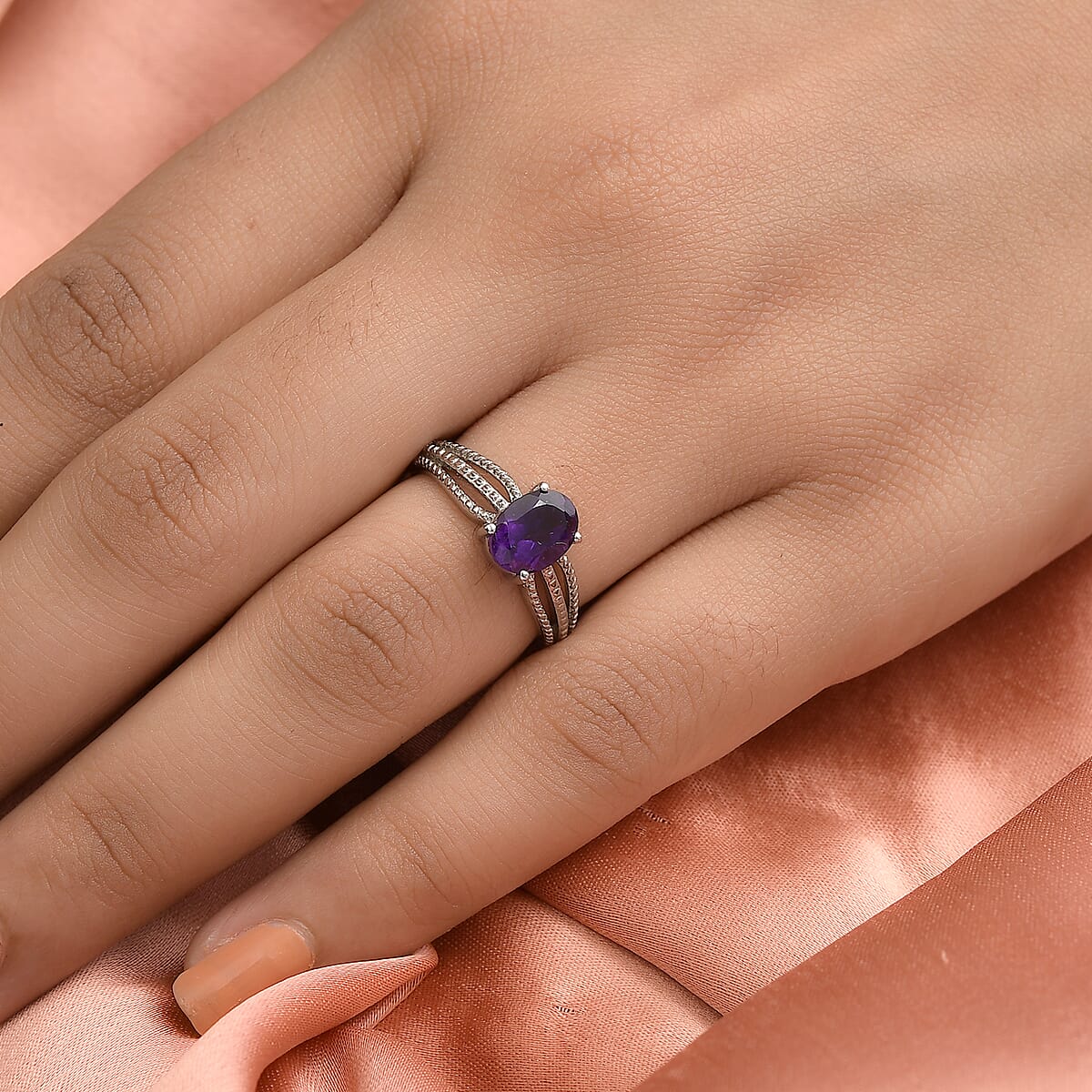 Amethyst Solitaire Ring in Stainless Steel 1.25 ctw image number 1