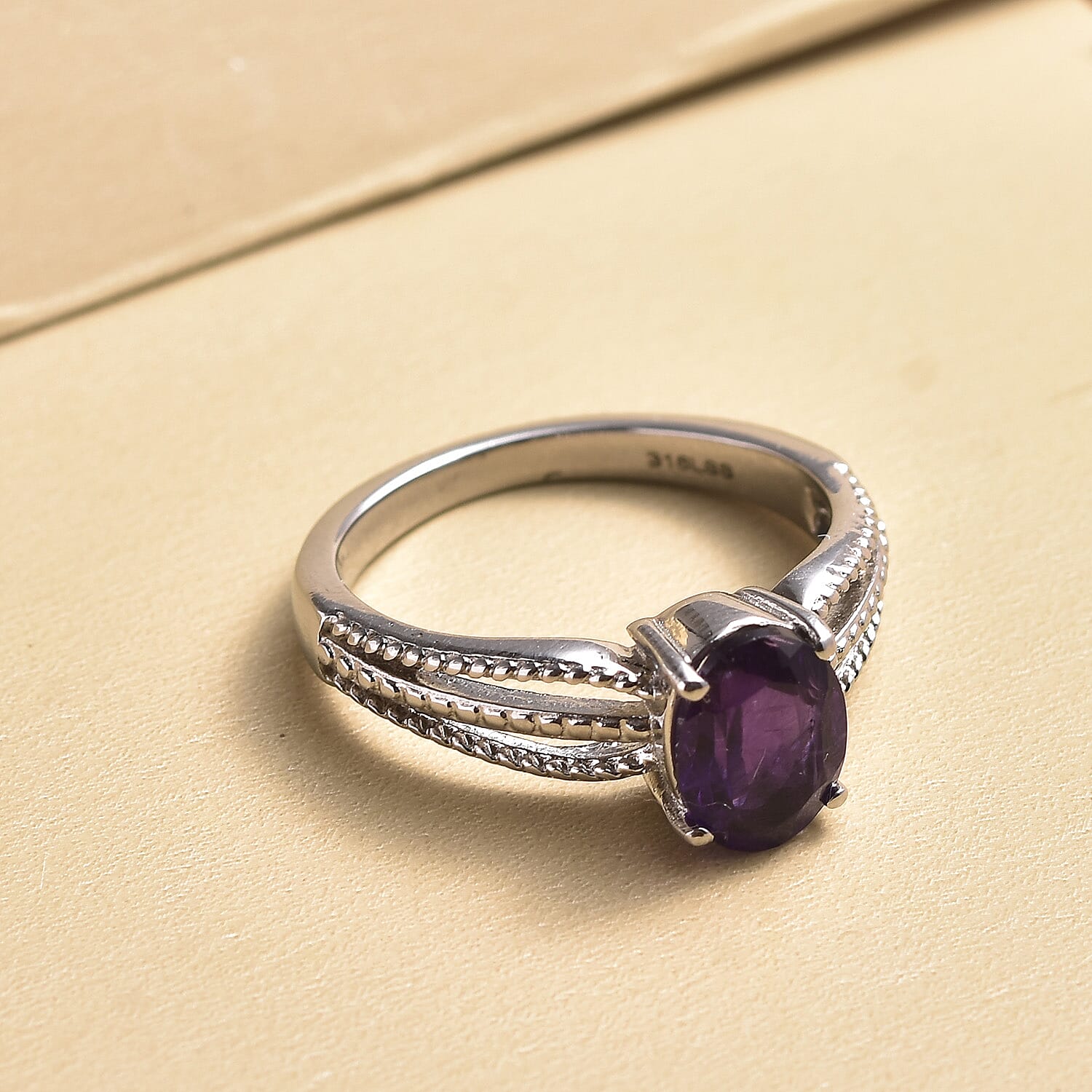 Amethyst Solitaire Ring in Stainless Steel (Size 6.0) 1.25 ctw