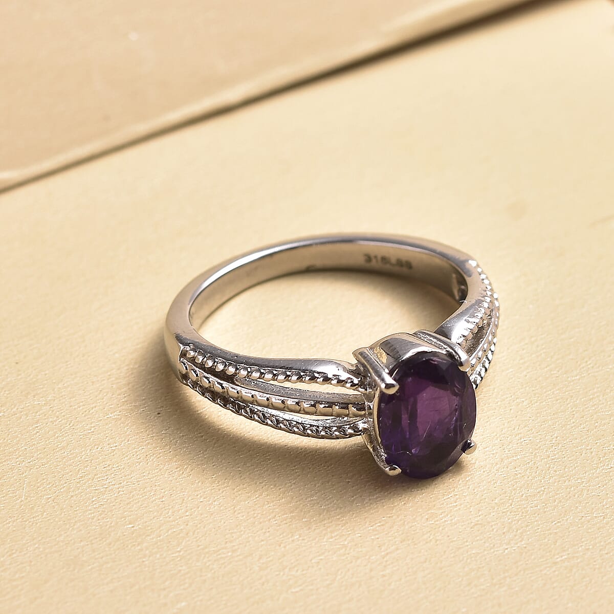 Amethyst Solitaire Ring in Stainless Steel 1.25 ctw image number 2