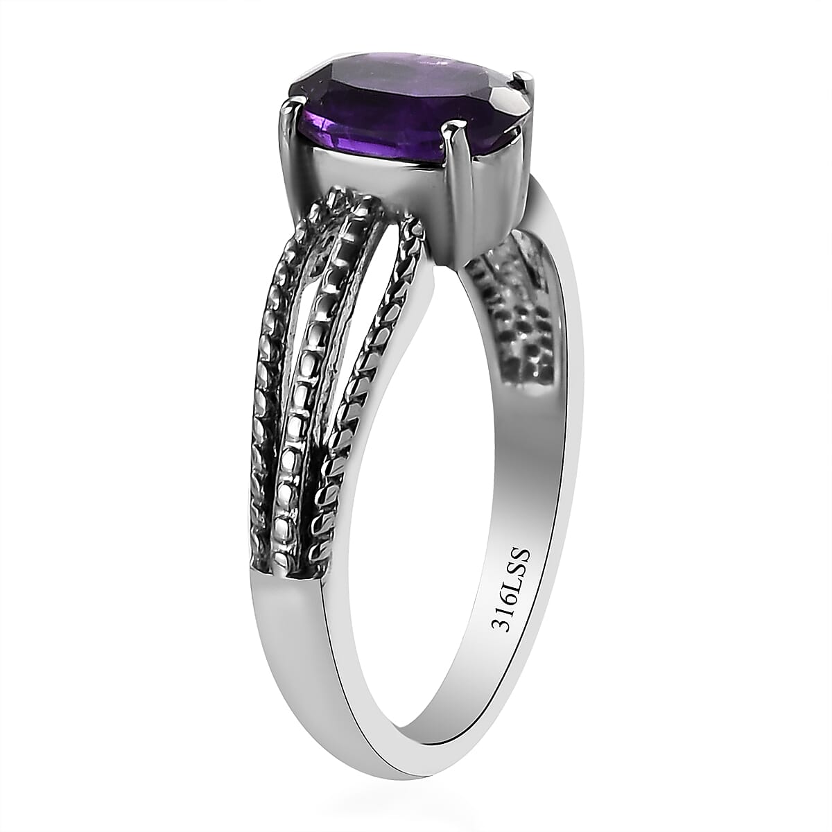 Amethyst Solitaire Ring in Stainless Steel (Size 6.0) 1.25 ctw