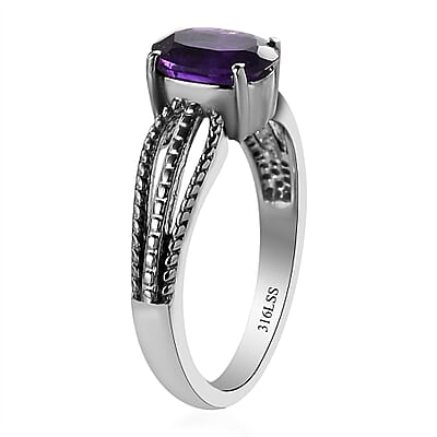 Amethyst Solitaire Ring in Stainless Steel (Size 6.0) 1.25 ctw