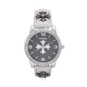 Strada Austrian Crystal Japanse Movement Black Dial Watch with White Faux Leather Strap and Cross Charm