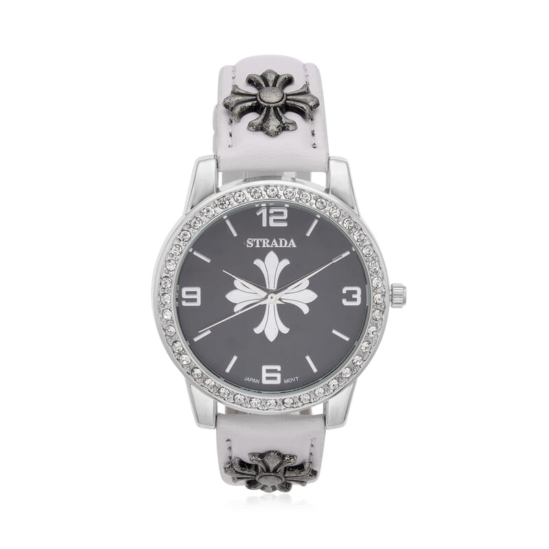 Strada Austrian Crystal Japanse Movement Black Dial Watch with White Faux Leather Strap and Cross Charm