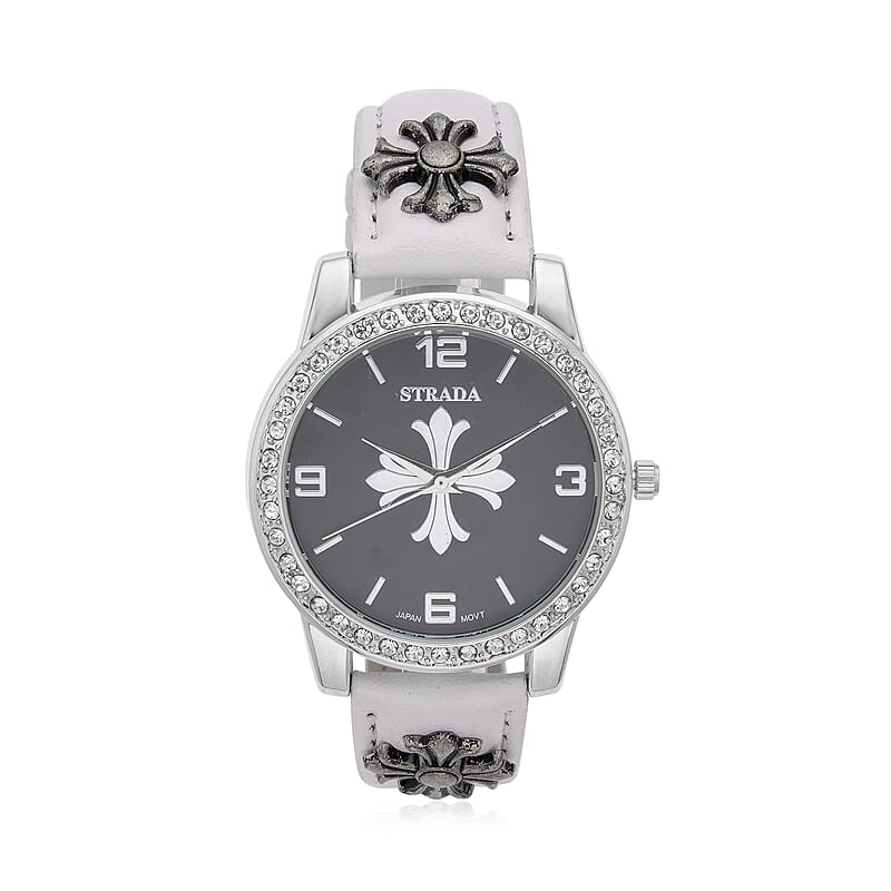 Strada Austrian Crystal Japanse Movement Black Dial Watch with White Faux Leather Strap and Cross Charm