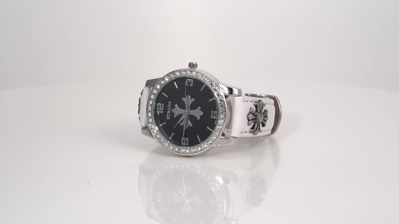 Strada Austrian Crystal Japanse Movement Black Dial Watch with White Faux Leather Strap and Cross Charm
