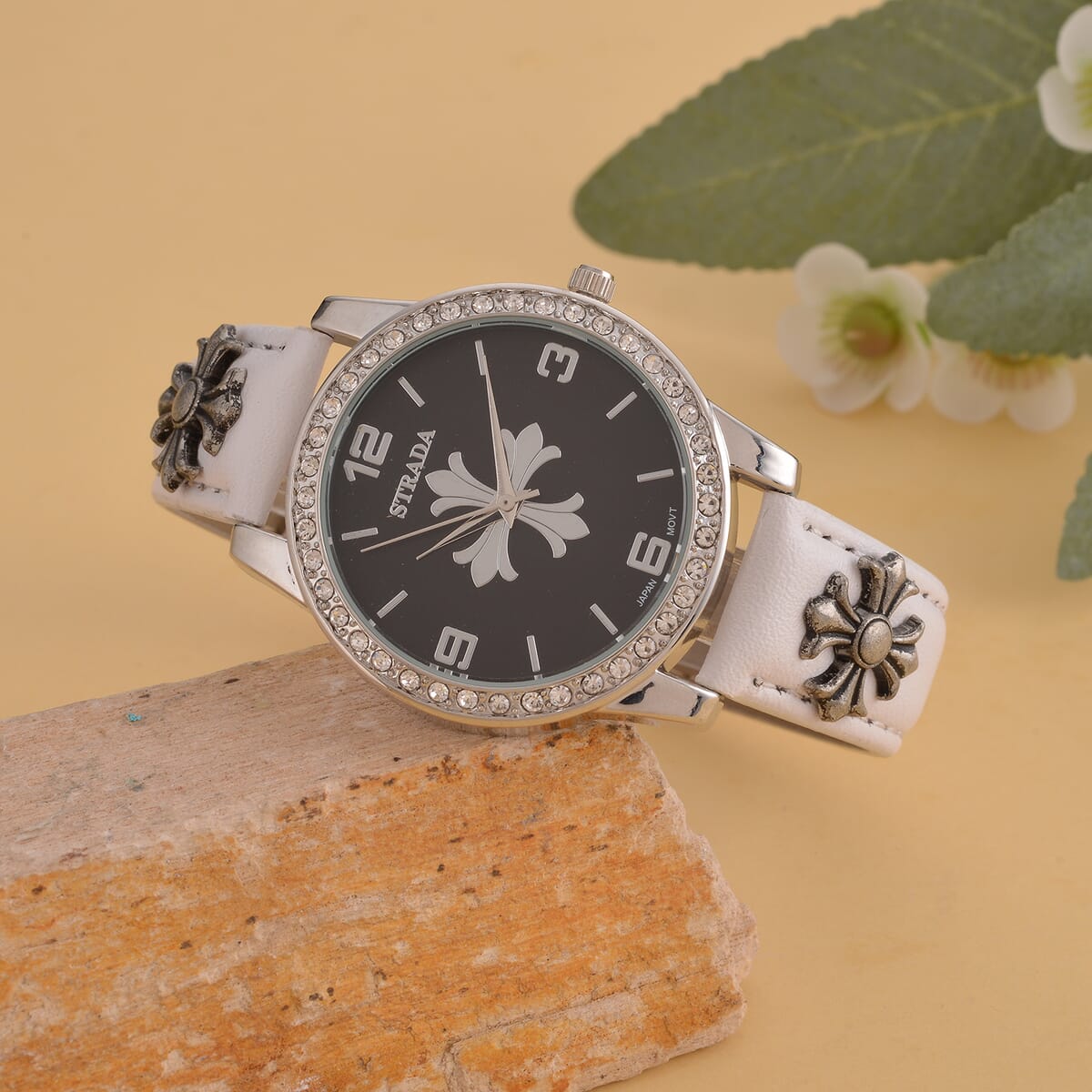 Strada Austrian Crystal Japanse Movement Black Dial Watch with White Faux Leather Strap and Cross Charm image number 1
