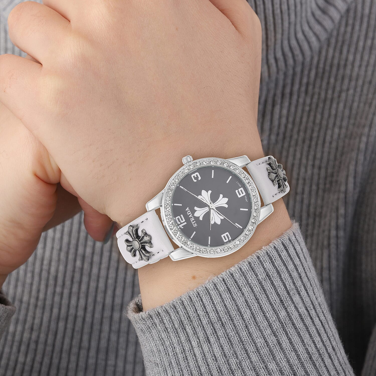 Strada Austrian Crystal Japanse Movement Black Dial Watch with White Faux Leather Strap and Cross Charm