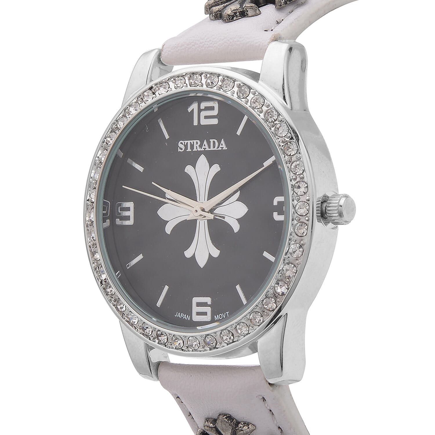 Strada Austrian Crystal Japanse Movement Black Dial Watch with White Faux Leather Strap and Cross Charm