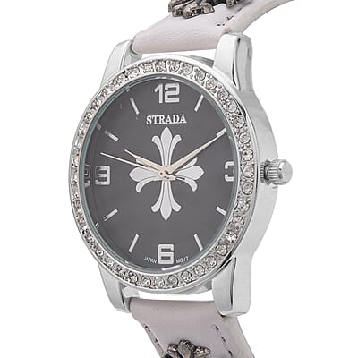 Strada Austrian Crystal Japanse Movement Black Dial Watch with White Faux Leather Strap and Cross Charm