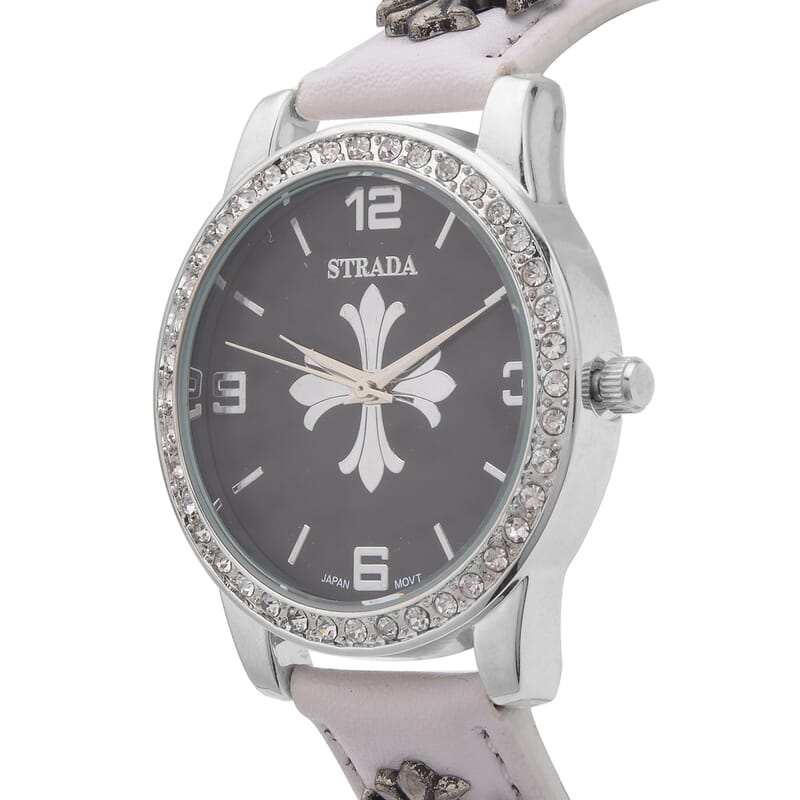 Strada Austrian Crystal Japanse Movement Black Dial Watch with White Faux Leather Strap and Cross Charm