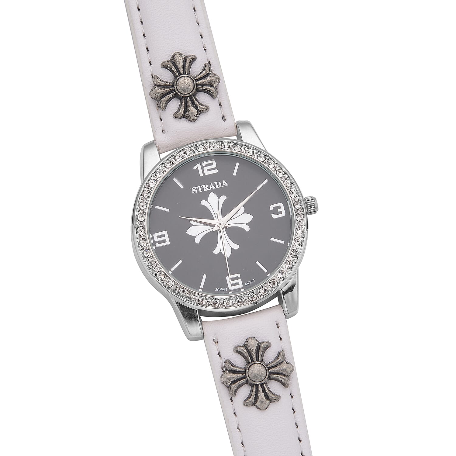 Strada Austrian Crystal Japanse Movement Black Dial Watch with White Faux Leather Strap and Cross Charm