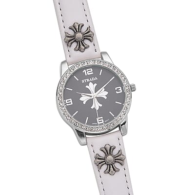 Strada Austrian Crystal Japanse Movement Black Dial Watch with White Faux Leather Strap and Cross Charm