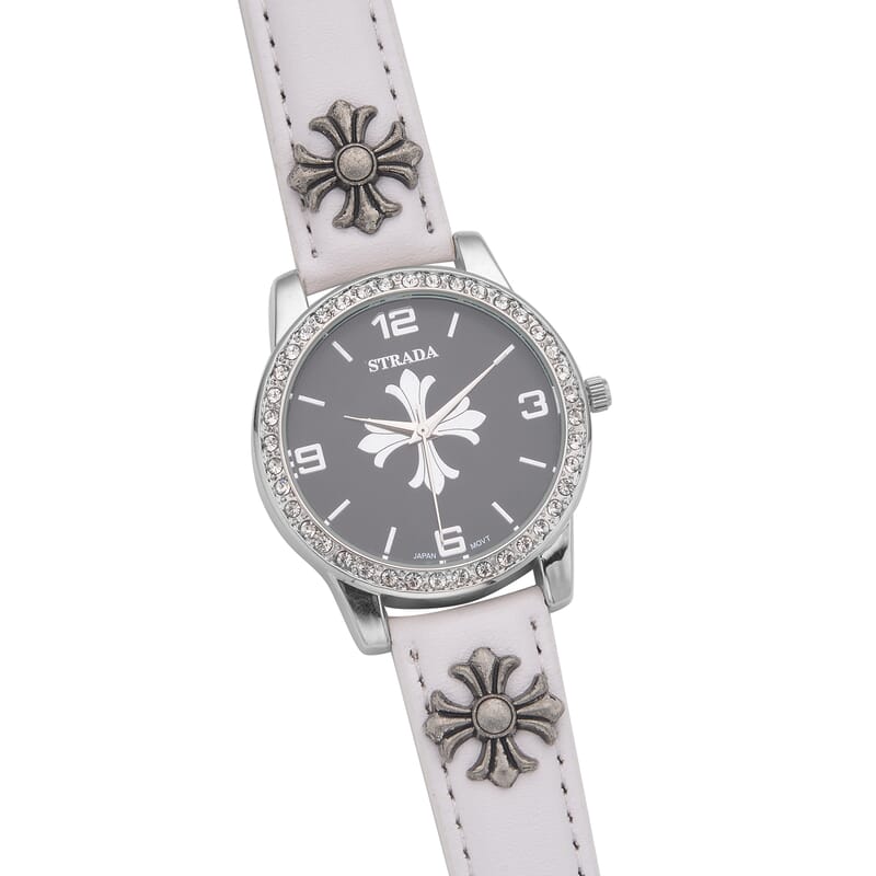 Strada Austrian Crystal Japanse Movement Black Dial Watch with White Faux Leather Strap and Cross Charm