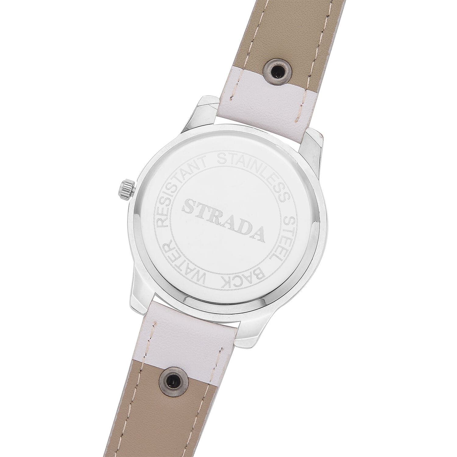 Strada Austrian Crystal Japanse Movement Black Dial Watch with White Faux Leather Strap and Cross Charm