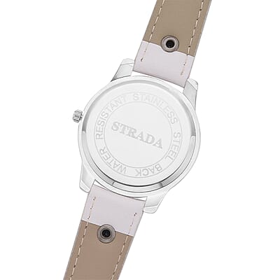 Strada Austrian Crystal Japanse Movement Black Dial Watch with White Faux Leather Strap and Cross Charm