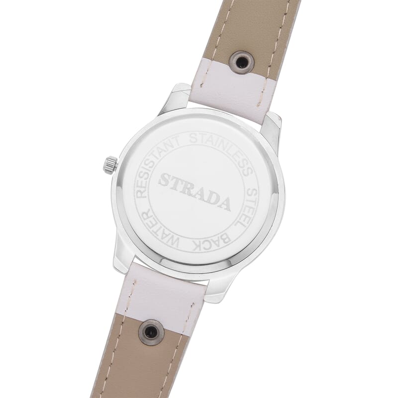 Strada Austrian Crystal Japanse Movement Black Dial Watch with White Faux Leather Strap and Cross Charm