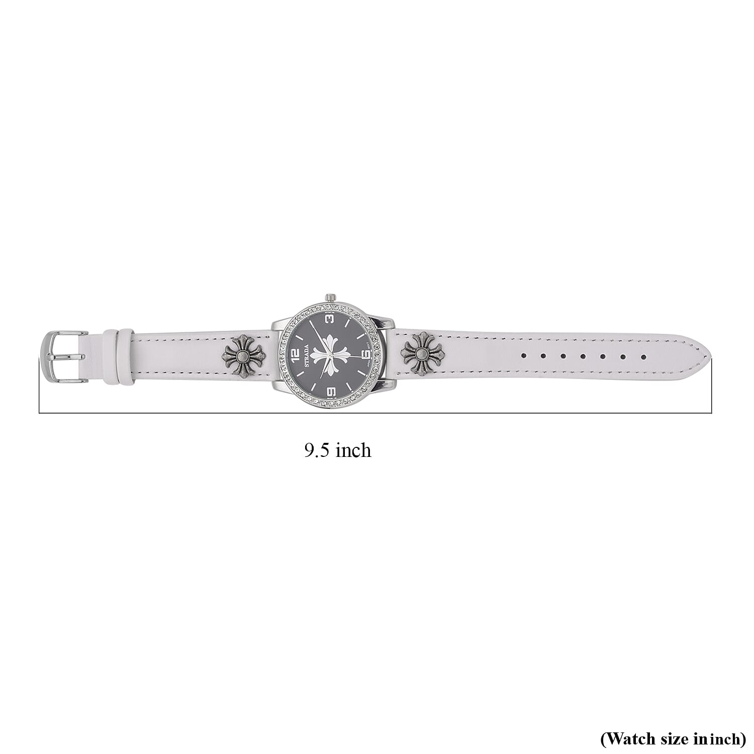 Strada Austrian Crystal Japanse Movement Black Dial Watch with White Faux Leather Strap and Cross Charm
