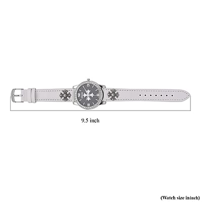 Strada Austrian Crystal Japanse Movement Black Dial Watch with White Faux Leather Strap and Cross Charm
