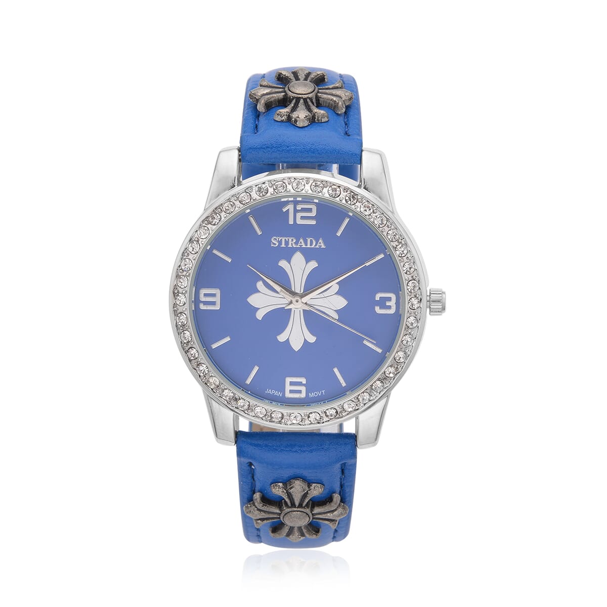Strada Austrian Crystal Japanse Movement Blue Dial Watch with Blue Faux Leather Strap and Cross Charm image number 0