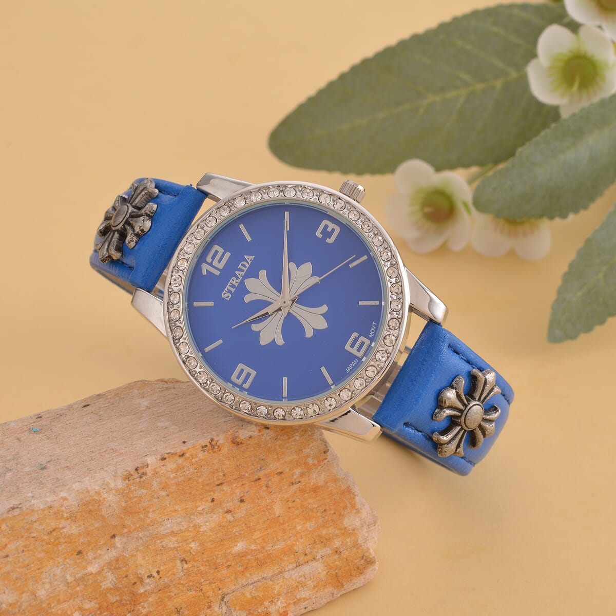 Strada Austrian Crystal Japanse Movement Blue Dial Watch with Blue Faux Leather Strap and Cross Charm image number 1