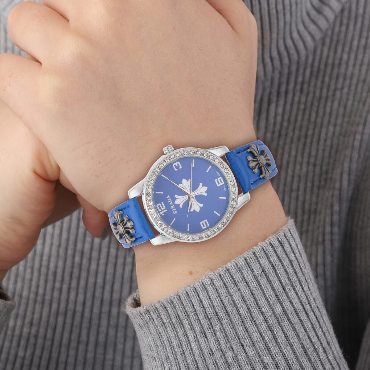 Strada Austrian Crystal Japanse Movement Blue Dial Watch with Blue Faux Leather Strap and Cross Charm image number 2