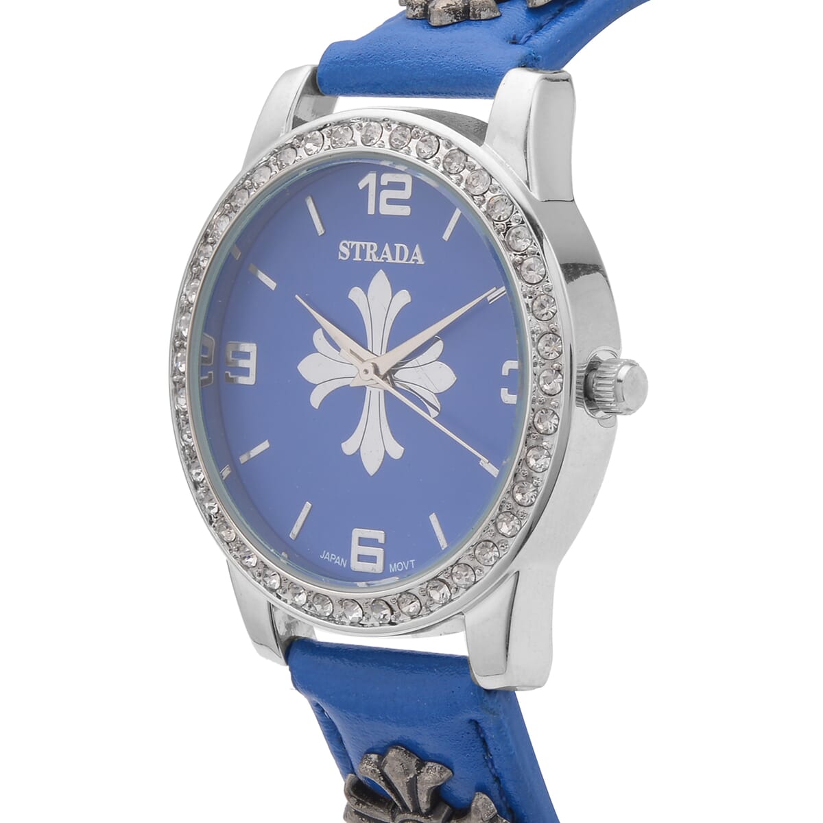 Strada Austrian Crystal Japanse Movement Blue Dial Watch with Blue Faux Leather Strap and Cross Charm image number 3