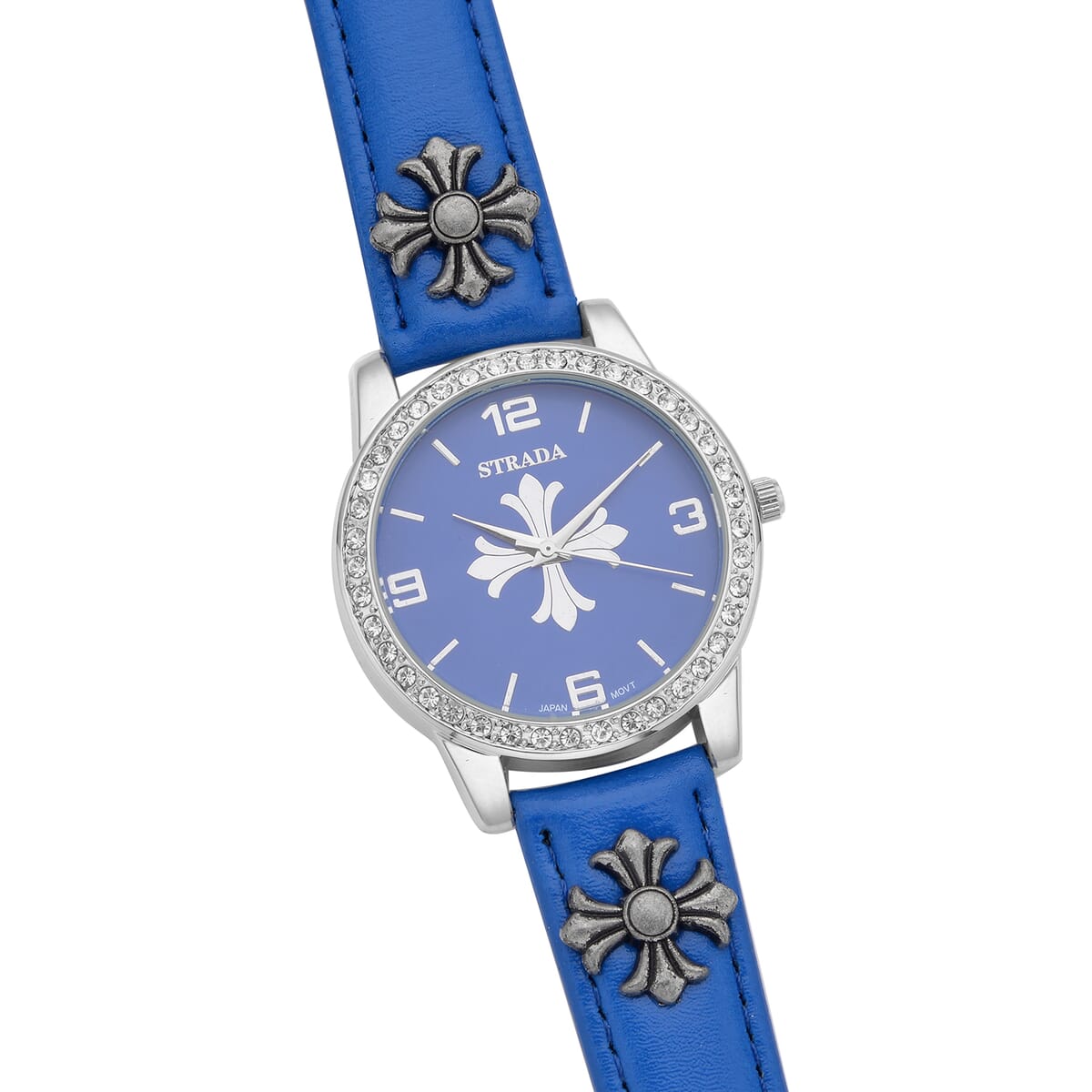 Strada Austrian Crystal Japanse Movement Blue Dial Watch with Blue Faux Leather Strap and Cross Charm image number 4