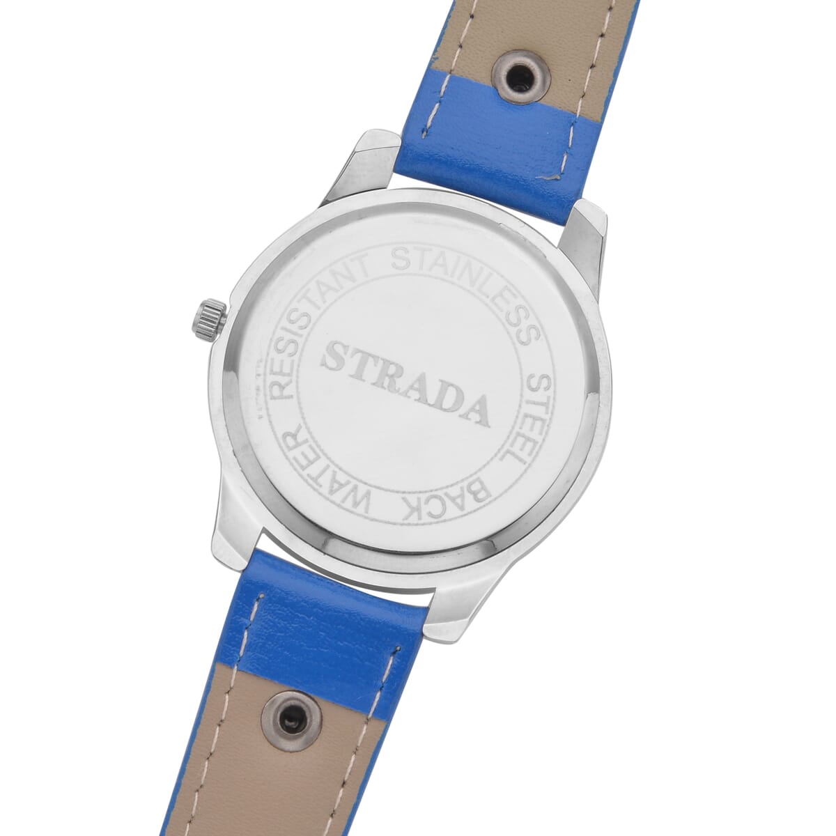 Strada Austrian Crystal Japanse Movement Blue Dial Watch with Blue Faux Leather Strap and Cross Charm image number 5