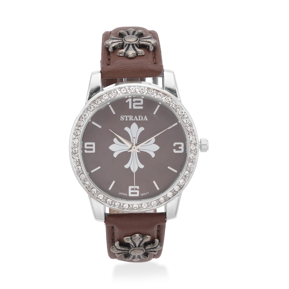 Strada Austrian Crystal Japanse Movement Brown Dial Watch with Brown Faux Leather Strap and Cross Charm image number 0