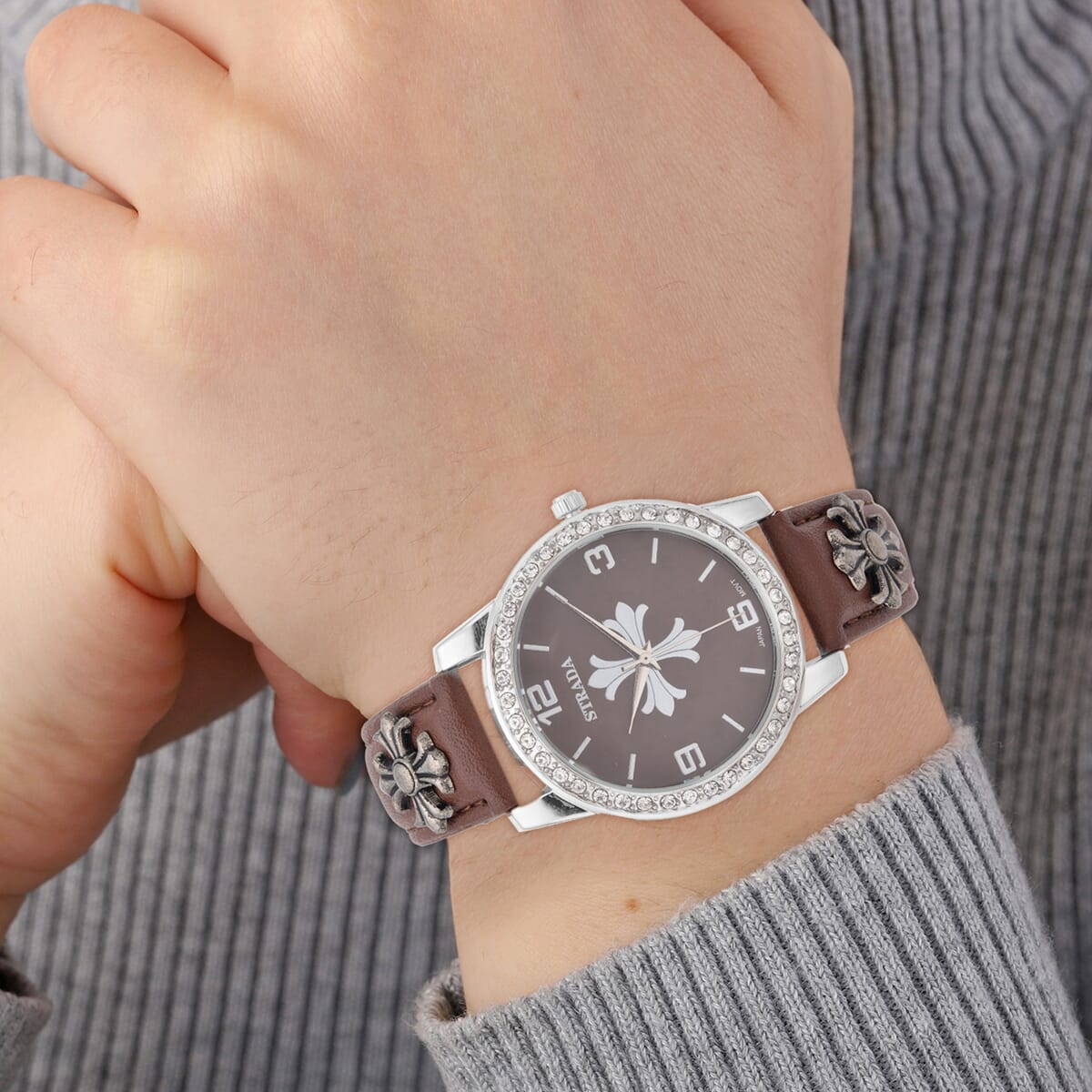 Strada Austrian Crystal Japanse Movement Brown Dial Watch with Brown Faux Leather Strap and Cross Charm image number 1
