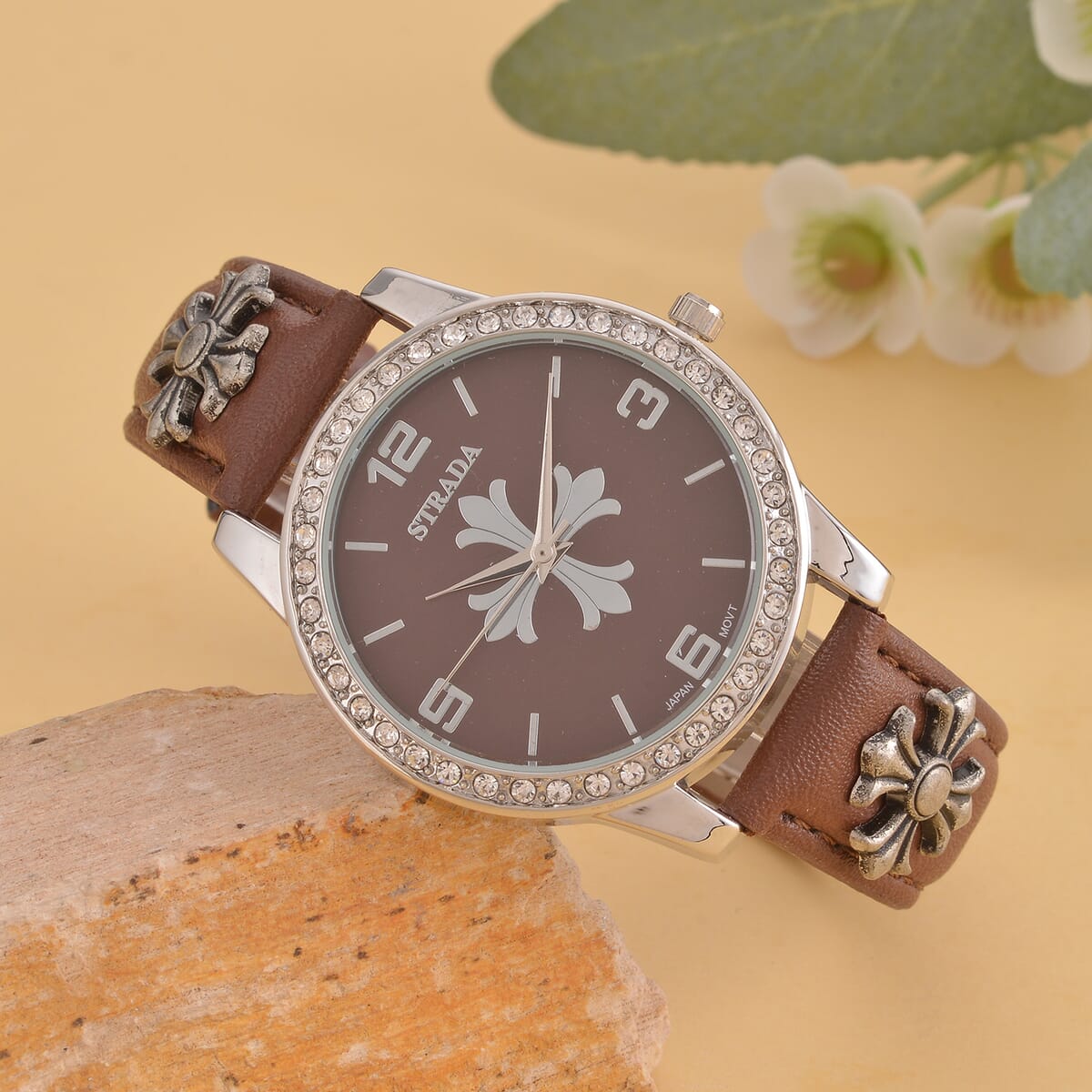 Strada Austrian Crystal Japanse Movement Brown Dial Watch with Brown Faux Leather Strap and Cross Charm image number 2