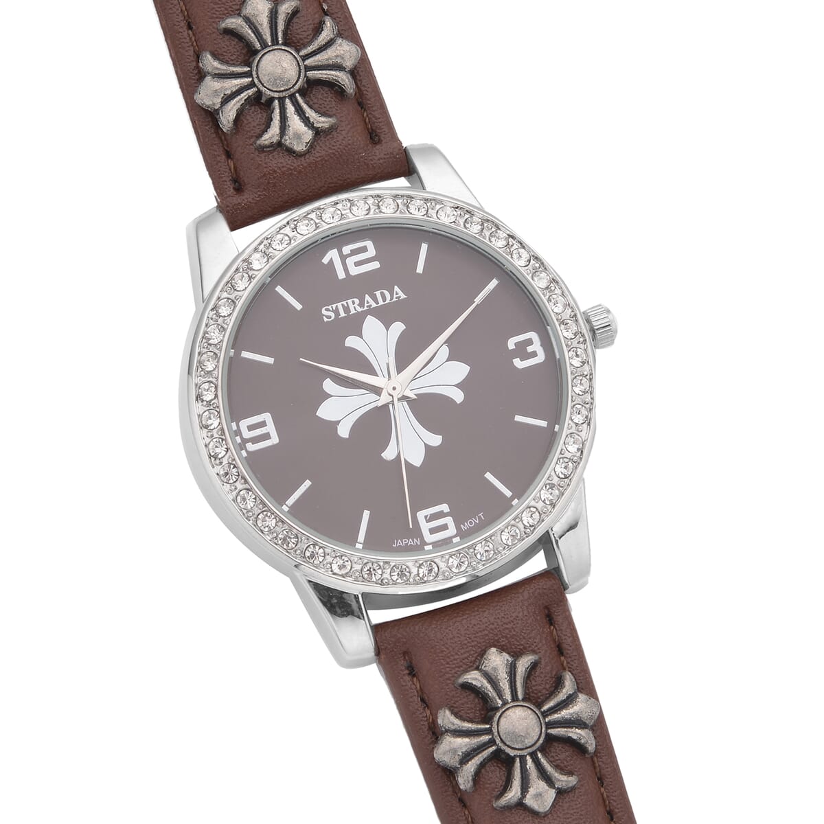 Strada Austrian Crystal Japanse Movement Brown Dial Watch with Brown Faux Leather Strap and Cross Charm image number 4