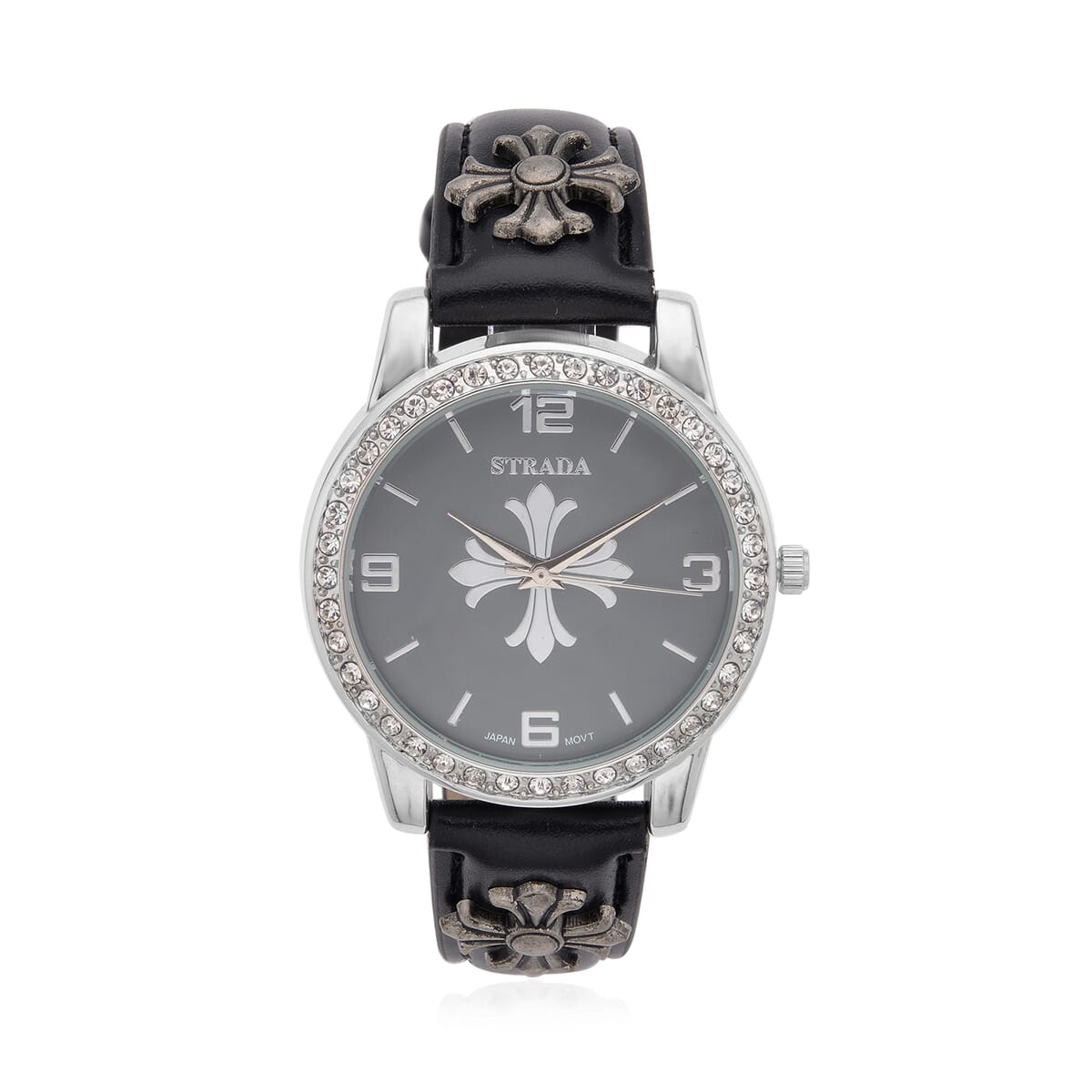 Strada Austrian Crystal Japanse Movement Dark Gray Dial Watch with Black Faux Leather Strap and Cross Charm image number 0
