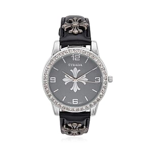 Strada Austrian Crystal Japanse Movement Dark Gray Dial Watch with Black Faux Leather Strap and Cross Charm
