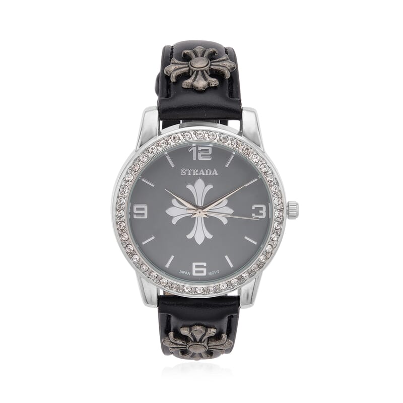 Strada Austrian Crystal Japanse Movement Dark Gray Dial Watch with Black Faux Leather Strap and Cross Charm