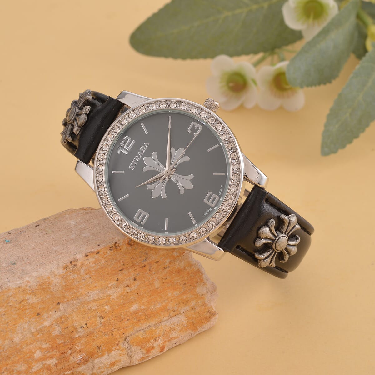 Strada Austrian Crystal Japanse Movement Dark Gray Dial Watch with Black Faux Leather Strap and Cross Charm image number 1
