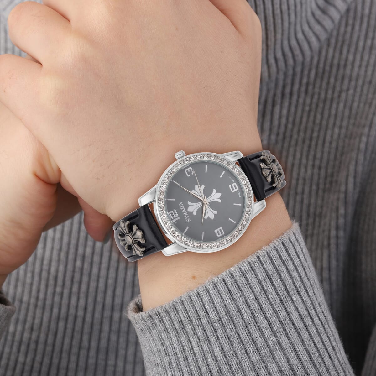 Strada Austrian Crystal Japanse Movement Dark Gray Dial Watch with Black Faux Leather Strap and Cross Charm image number 2