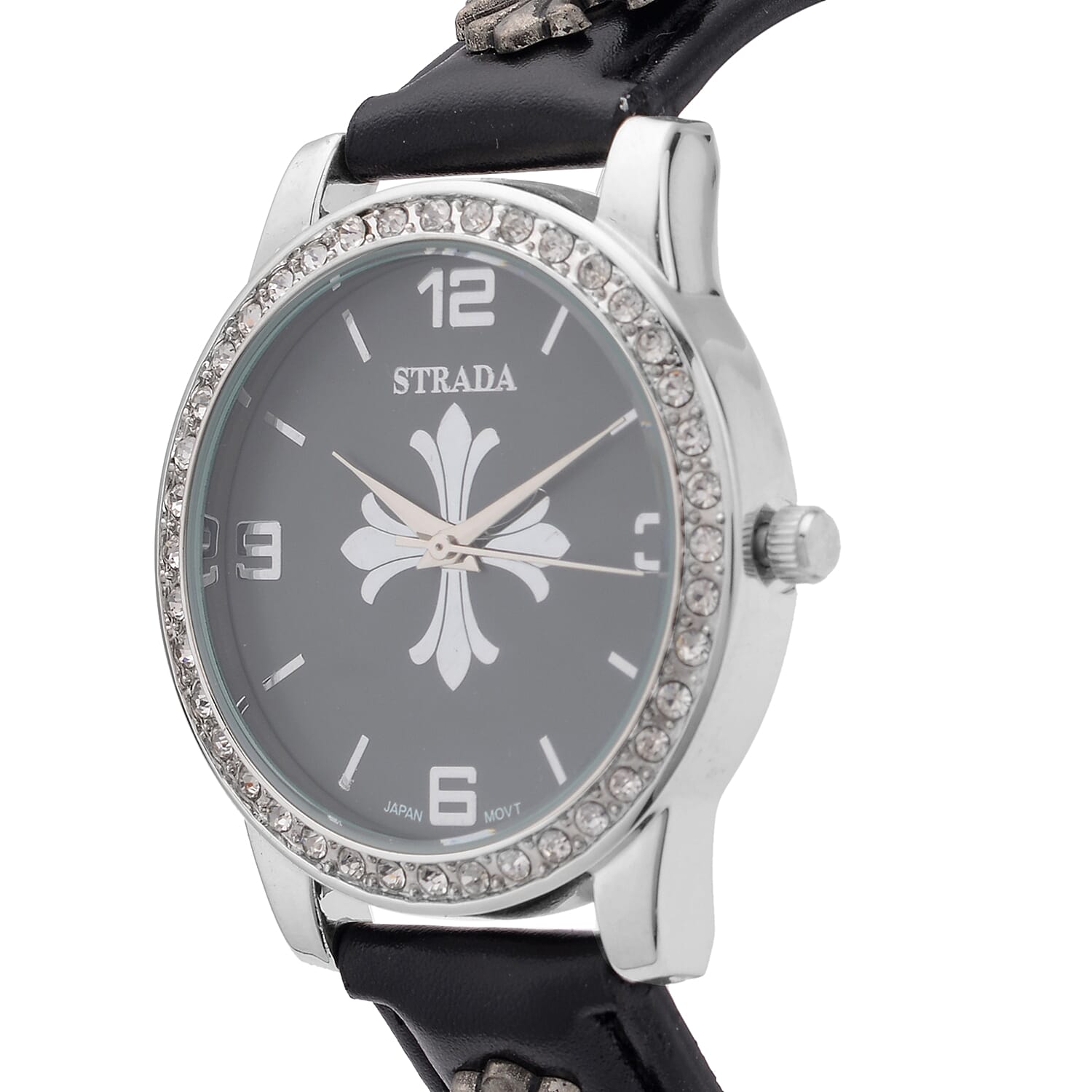 Strada Austrian Crystal Japanse Movement Dark Gray Dial Watch with Black Faux Leather Strap and Cross Charm