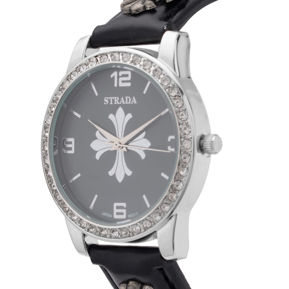 Strada Austrian Crystal Japanse Movement Dark Gray Dial Watch with Black Faux Leather Strap and Cross Charm image number 3