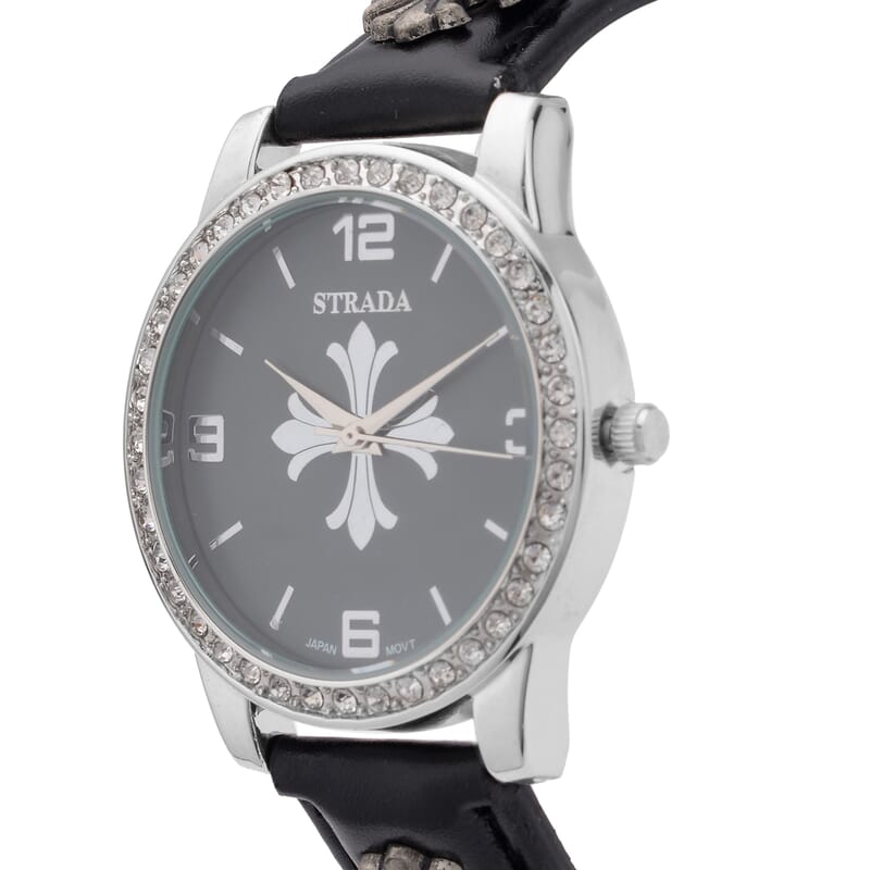 Strada Austrian Crystal Japanse Movement Dark Gray Dial Watch with Black Faux Leather Strap and Cross Charm