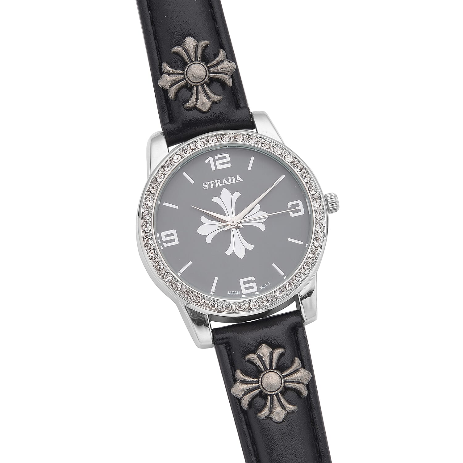 Strada Austrian Crystal Japanse Movement Dark Gray Dial Watch with Black Faux Leather Strap and Cross Charm