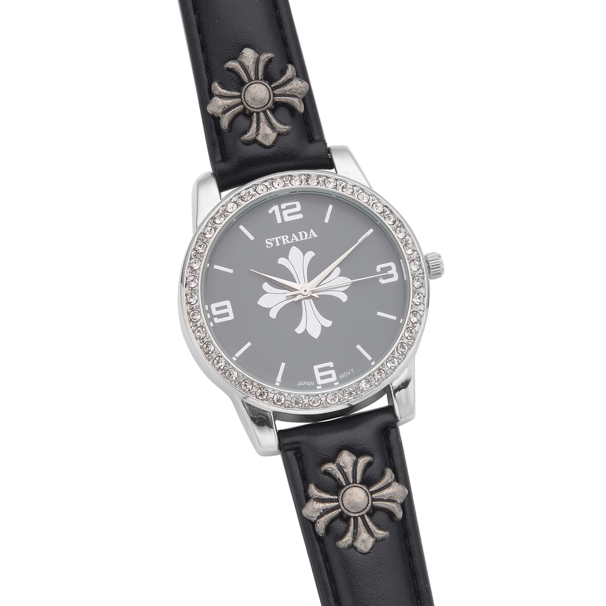 Strada Austrian Crystal Japanse Movement Dark Gray Dial Watch with Black Faux Leather Strap and Cross Charm image number 4