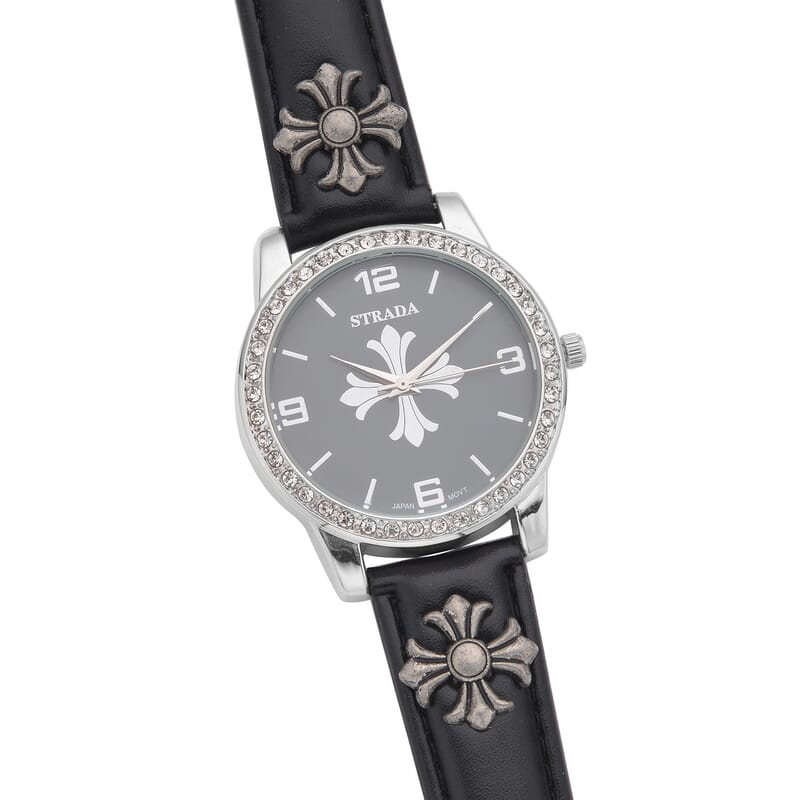 Strada Austrian Crystal Japanse Movement Dark Gray Dial Watch with Black Faux Leather Strap and Cross Charm