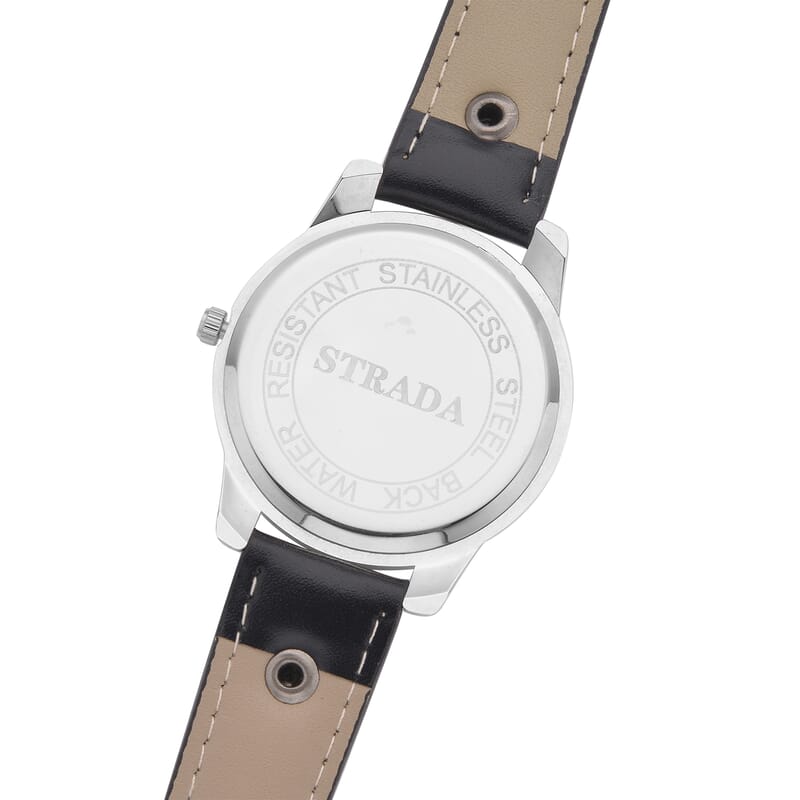 Strada Austrian Crystal Japanse Movement Dark Gray Dial Watch with Black Faux Leather Strap and Cross Charm