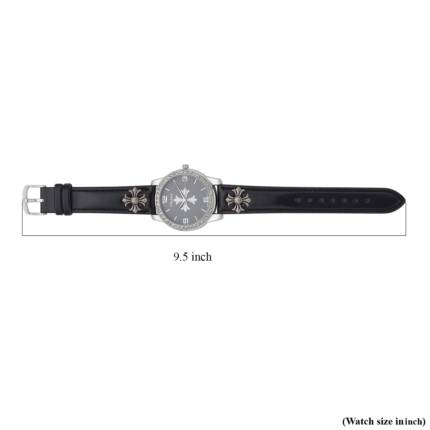 Strada Austrian Crystal Japanse Movement Dark Gray Dial Watch with Black Faux Leather Strap and Cross Charm