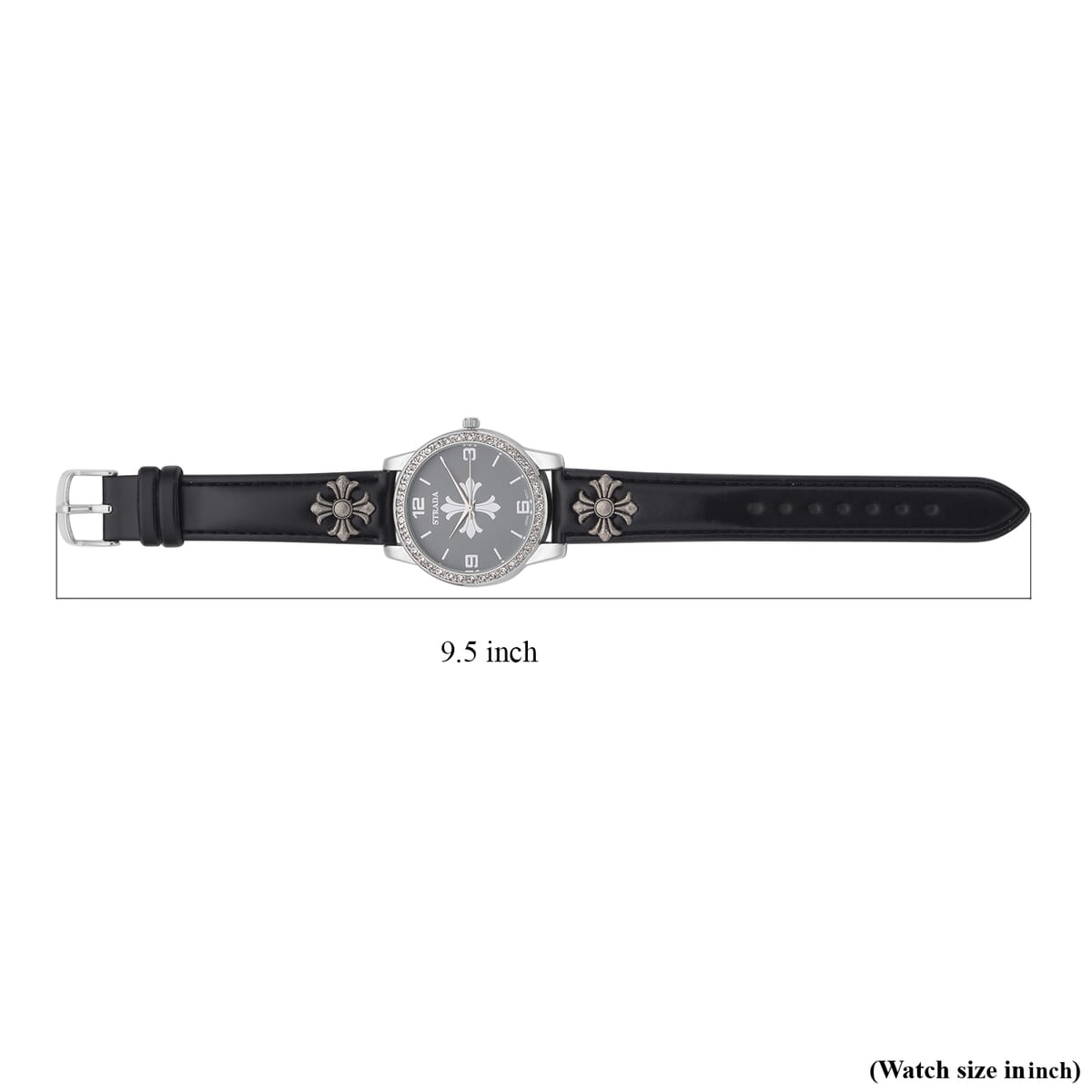 Strada Austrian Crystal Japanse Movement Dark Gray Dial Watch with Black Faux Leather Strap and Cross Charm image number 6