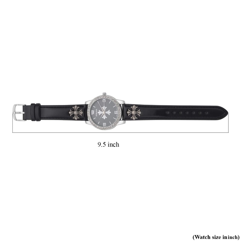 Strada Austrian Crystal Japanse Movement Dark Gray Dial Watch with Black Faux Leather Strap and Cross Charm