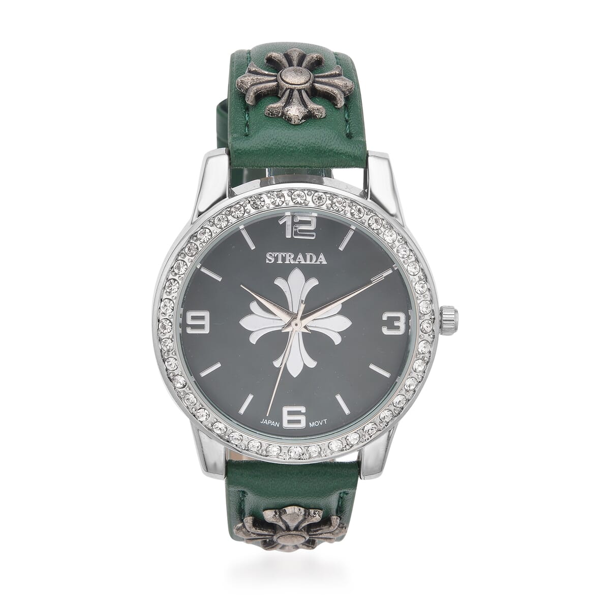 Strada Austrian Crystal Japanse Movement Dark Green Dial Watch with Dark Green Faux Leather Strap and Cross Charm image number 0